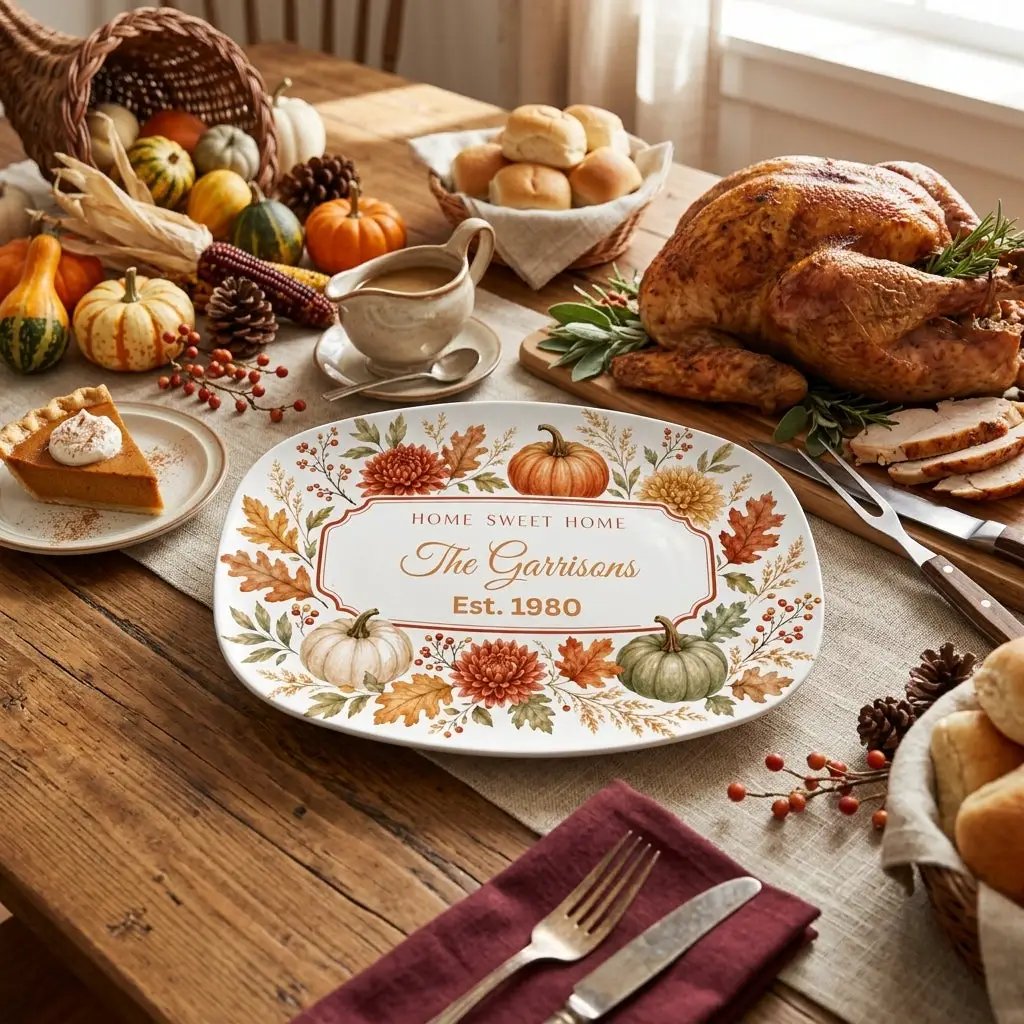 Personalized Thanksgiving Platter, Custom Family Name Serving Platter, Fall Pumpkin Serving Tray, Thanksgiving Hostess Gift