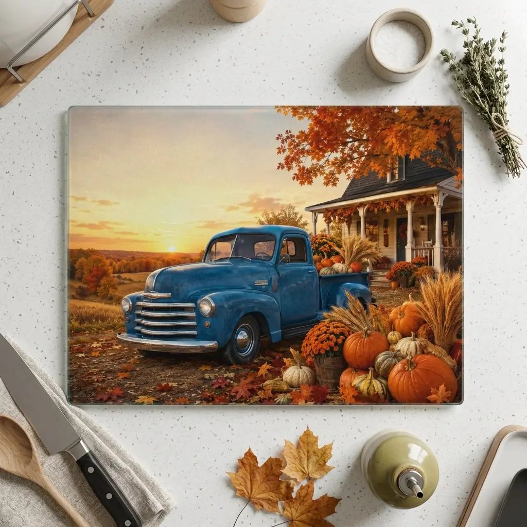 Fall Glass Cutting Board, Blue Vintage Truck with Pumpkins, Autumn Farmhouse Kitchen Decor, Harvest Thanksgiving Gift