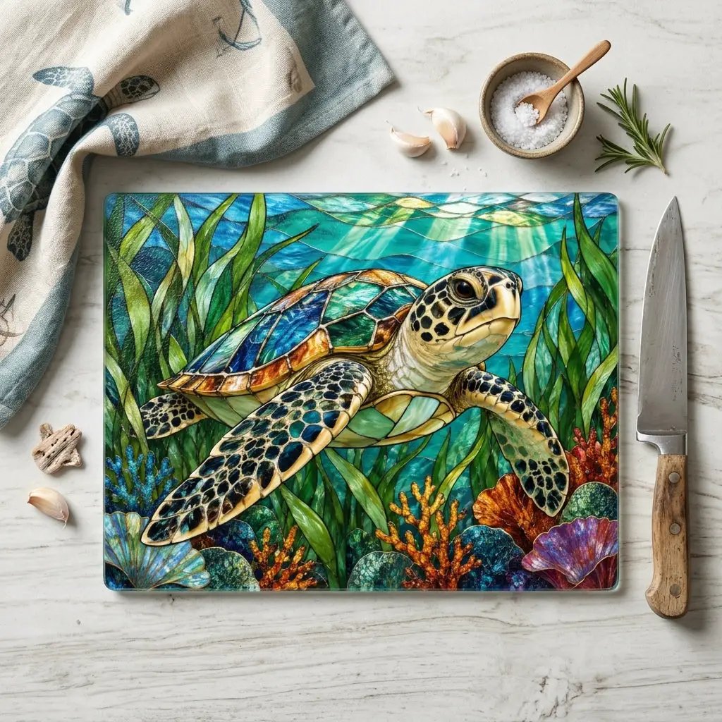 Sea Turtle Glass Cutting Board, Ocean Kitchen Decor, Marine Life Chopping Board, Coastal Cooking Gift, Underwater Turtle Artwork, Coral Reef