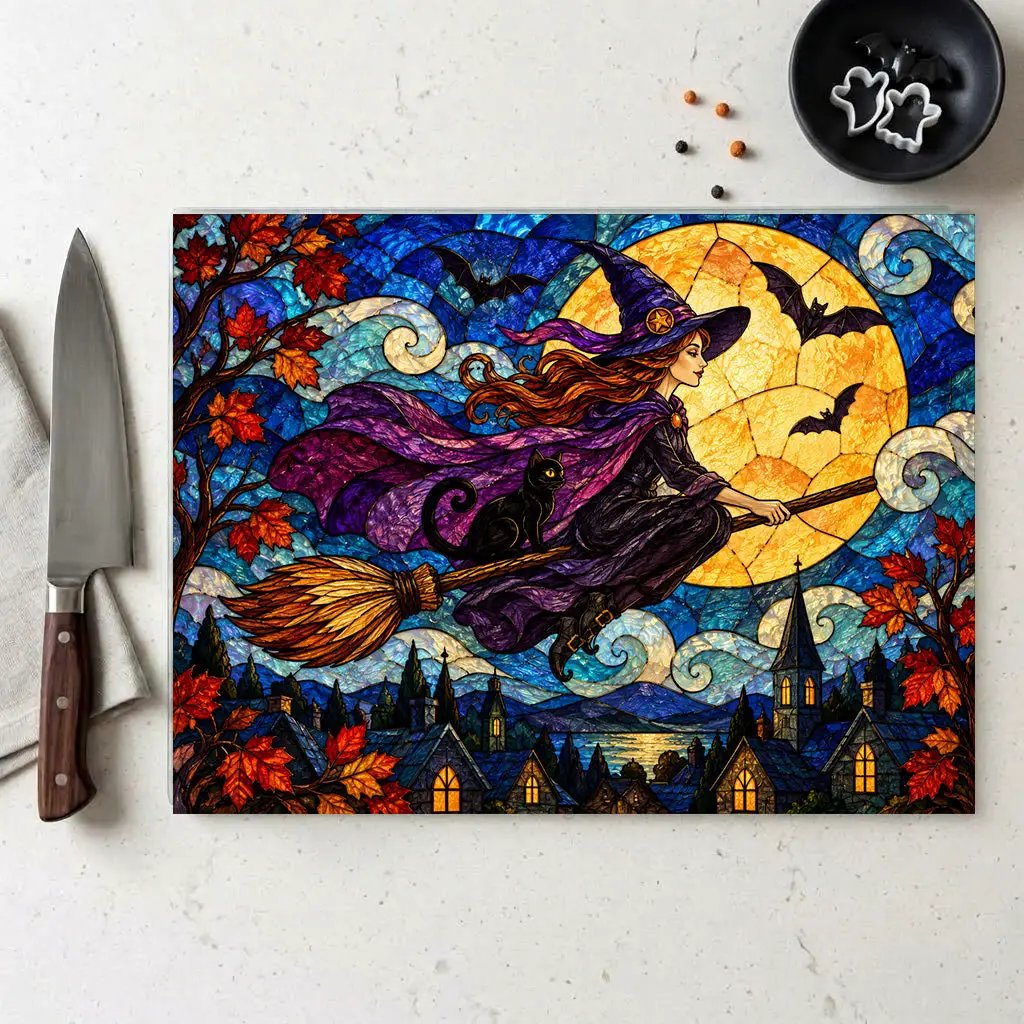 Halloween Flying Witch Personalized Glass Cutting Board, Spooky Pumpkin Kitchen Decor