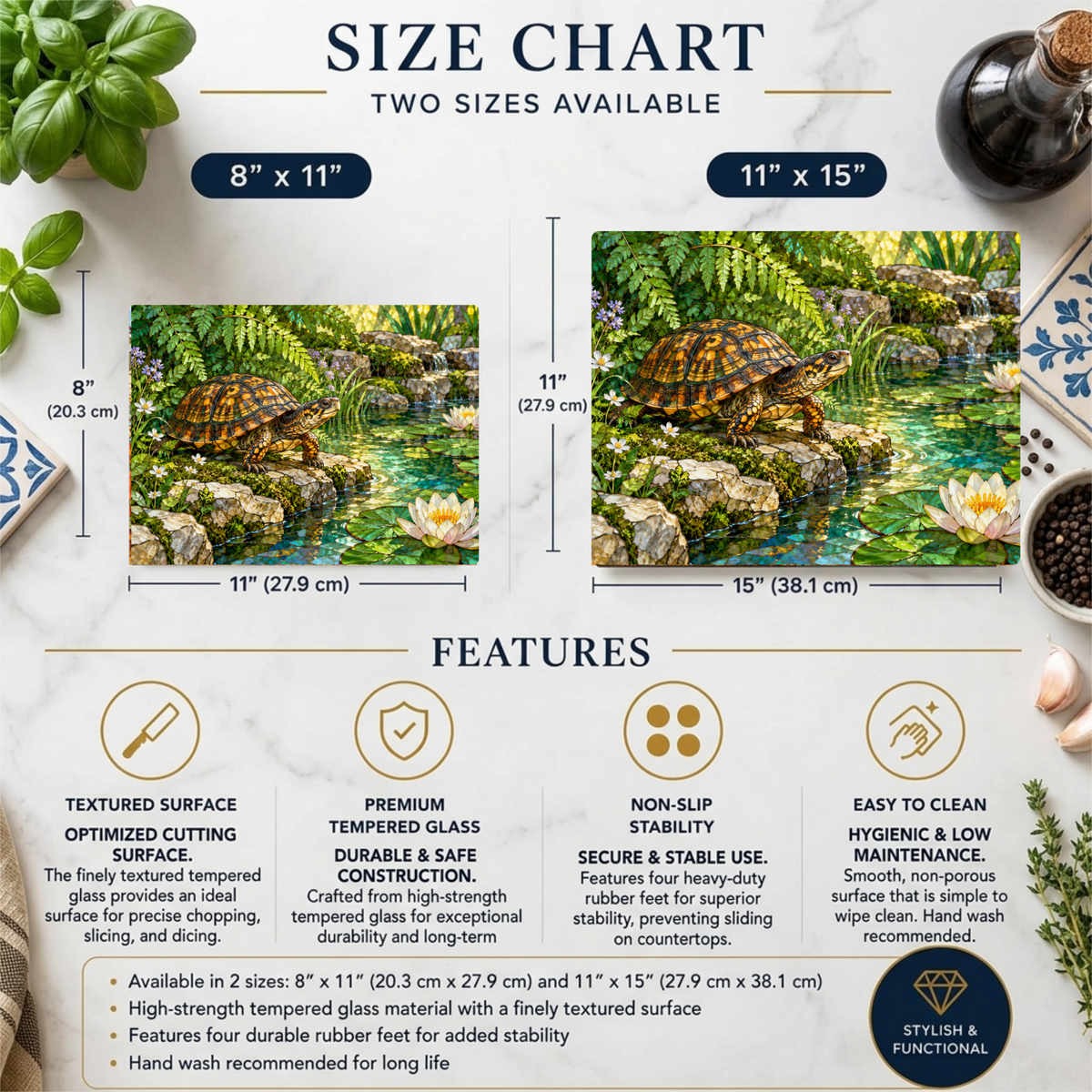 Box Turtle Glass Cutting Board, Pond Nature Kitchen Decor, Reptile Lover Gift, Wildlife Chopping Board, Decorative Tempered Glass Board