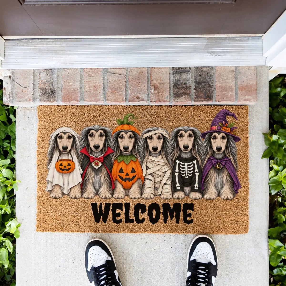 Dog Breed Personalized Halloween Costume Doormat, Custom Dog Welcome Mat, Halloween Coir Doormat, Family Name Dog Lover Gift