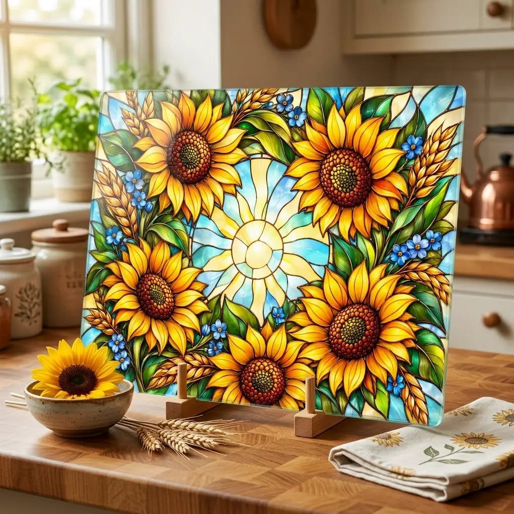 Sunflower Glass Cutting Board, Stained Glass Sunflower Wreath, Floral Kitchen Decor, Yellow Flower Gift, Cheerful Kitchen Art