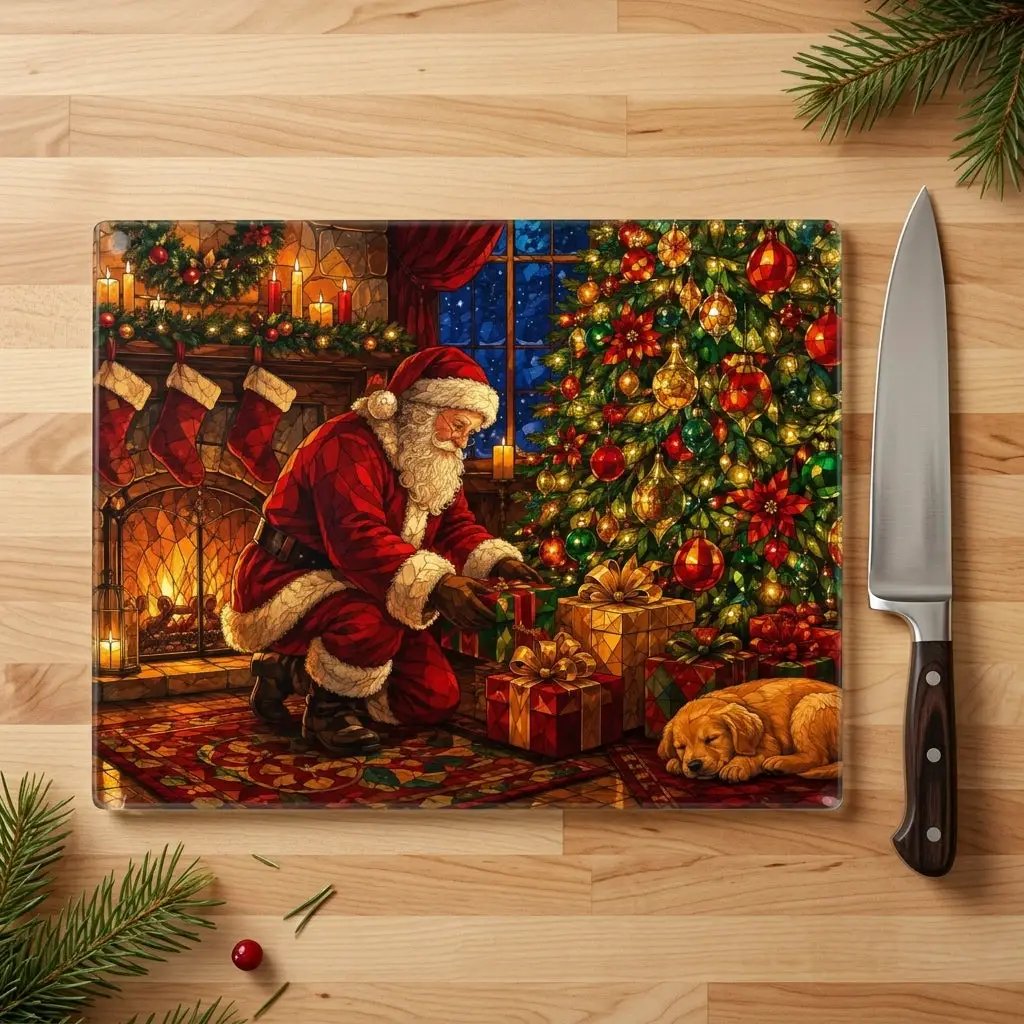 Santa Christmas Glass Cutting Board, Santa and Puppy Kitchen Decor, Christmas Eve Serving Board, Stained Glass Holiday Gift, Santa Decor