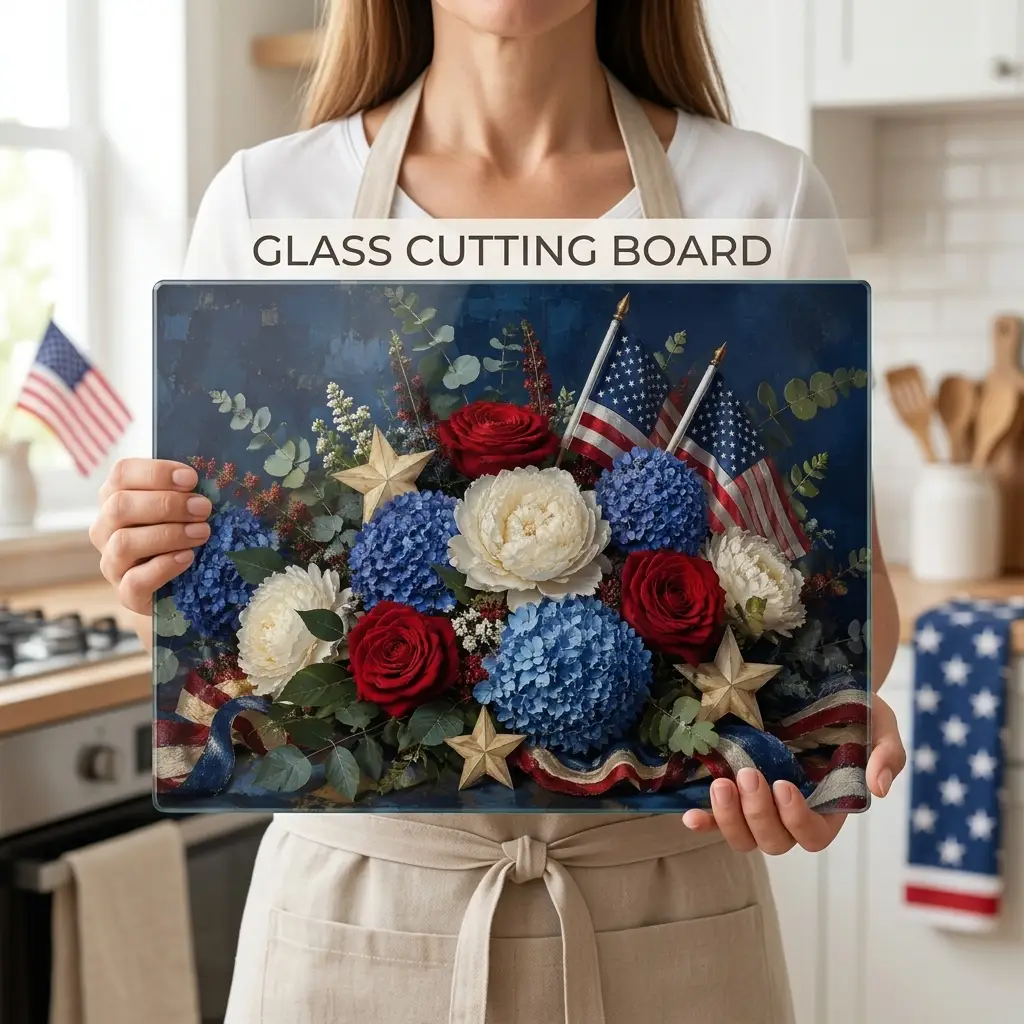 Patriotic Floral Cutting Board, American Flag Glass Cutting Board, Red White Blue Kitchen Decor, Americana Gift, 4th of July Decor