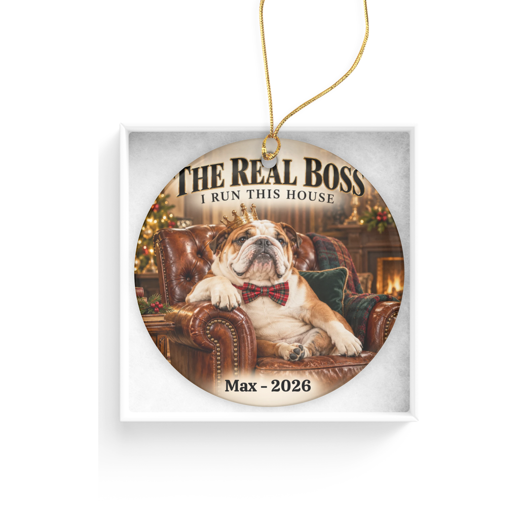 Personalized Pet Photo Christmas Ornament, Custom Dog or Cat Ornament, The Real Boss, Funny Pet Lover Gift, Name and Year Keepsake