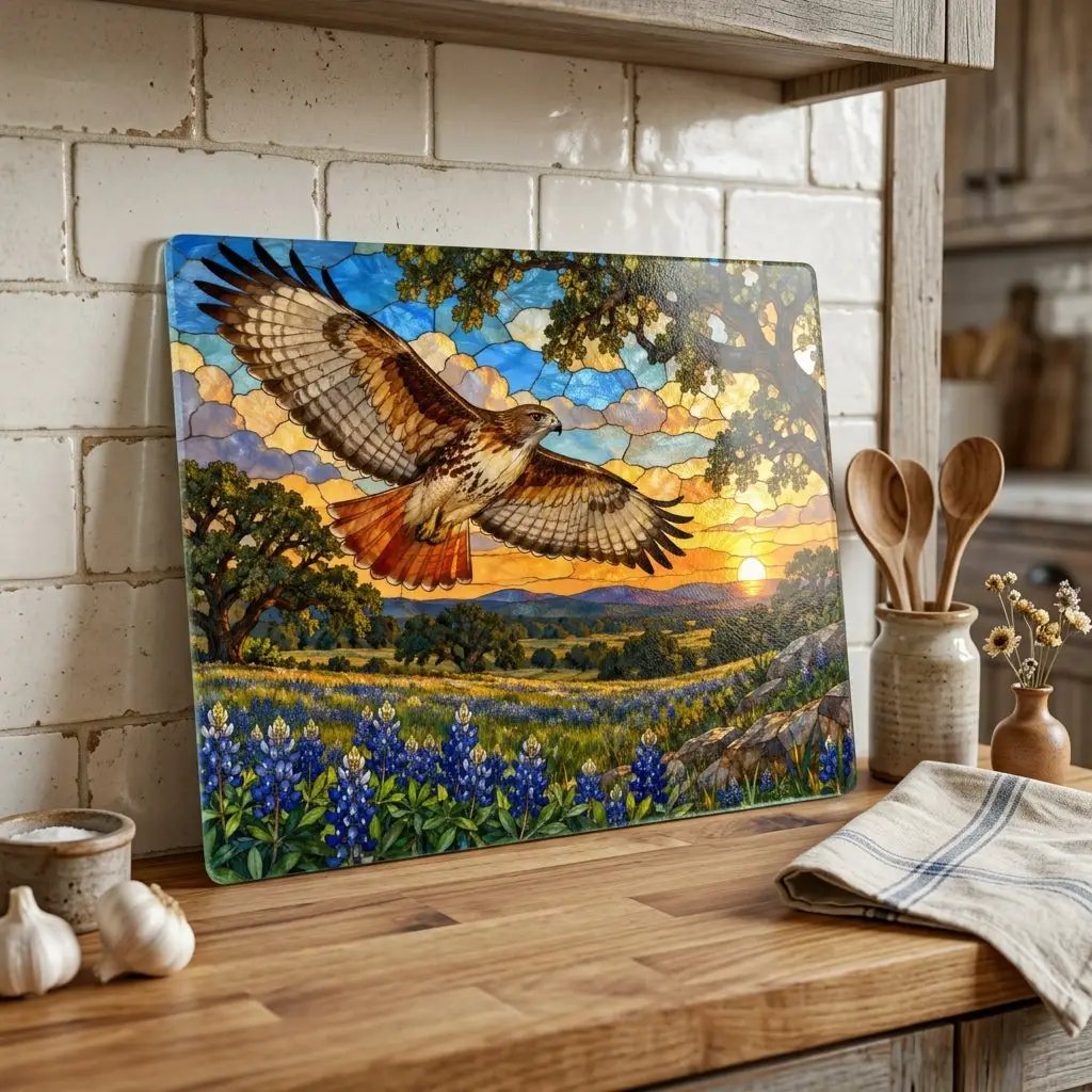 Red-Tailed Hawk Glass Cutting Board, Wildlife Kitchen Decor, Bird Lover Gift, Scenic Sunset Countryside Chopping Board, Nature Home Accent