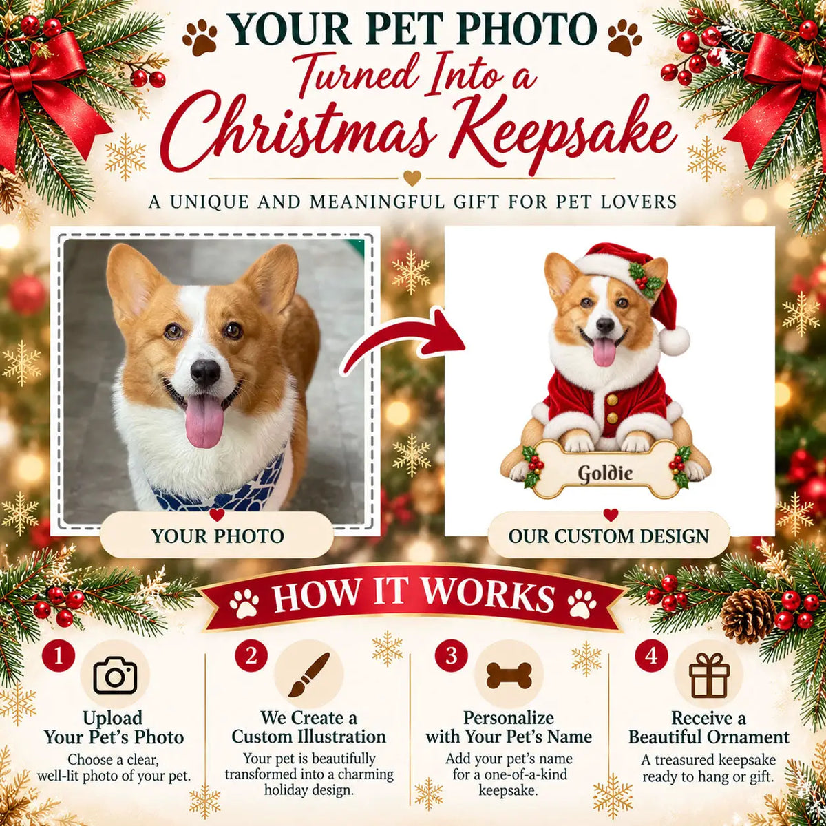 Personalized Santa Dog Christmas Ornament from Photo, Custom Pet Portrait Acrylic Ornament, Dog Lover Gift, Custom Name Keepsake