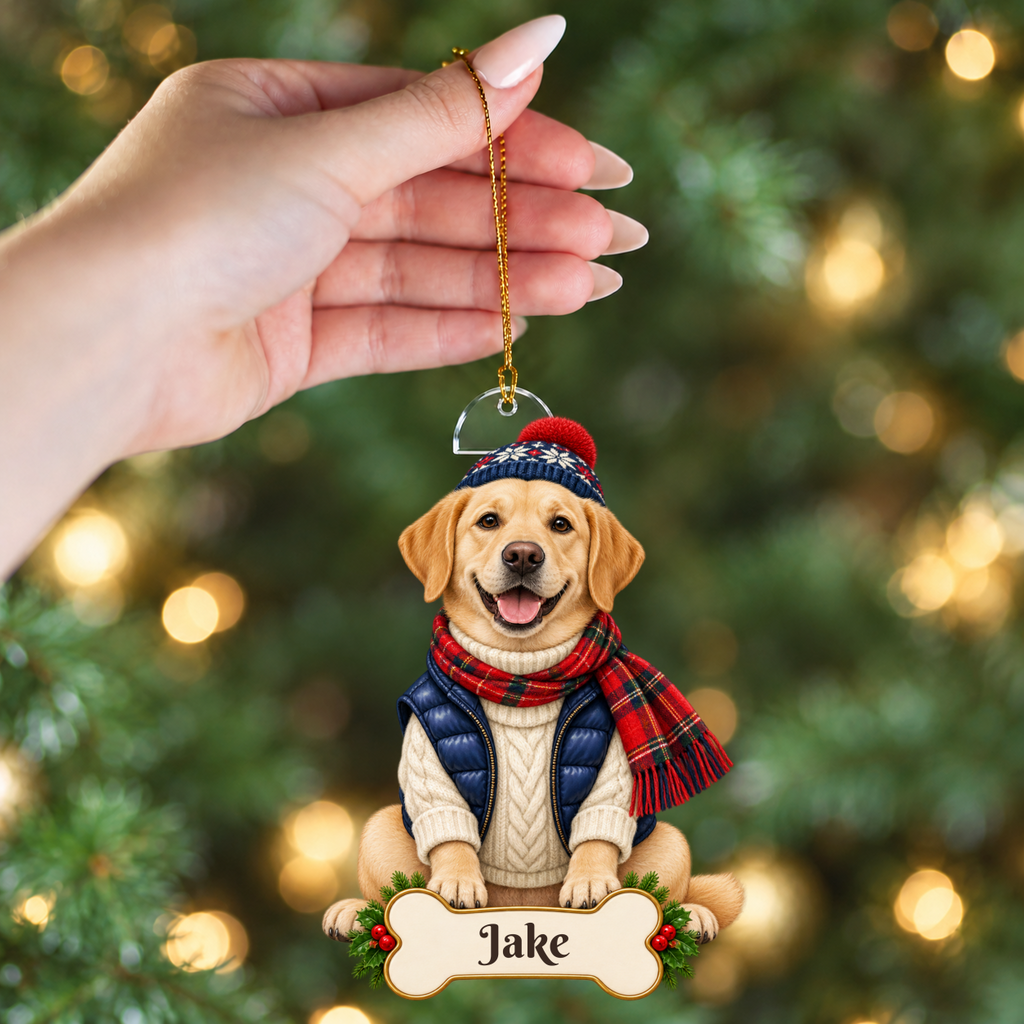 Personalized Alpine Skier Dog Christmas Ornament from Photo, Custom Pet Portrait Acrylic Cutout, Winter Sweater Dog Ornament, Dog Lover Gift