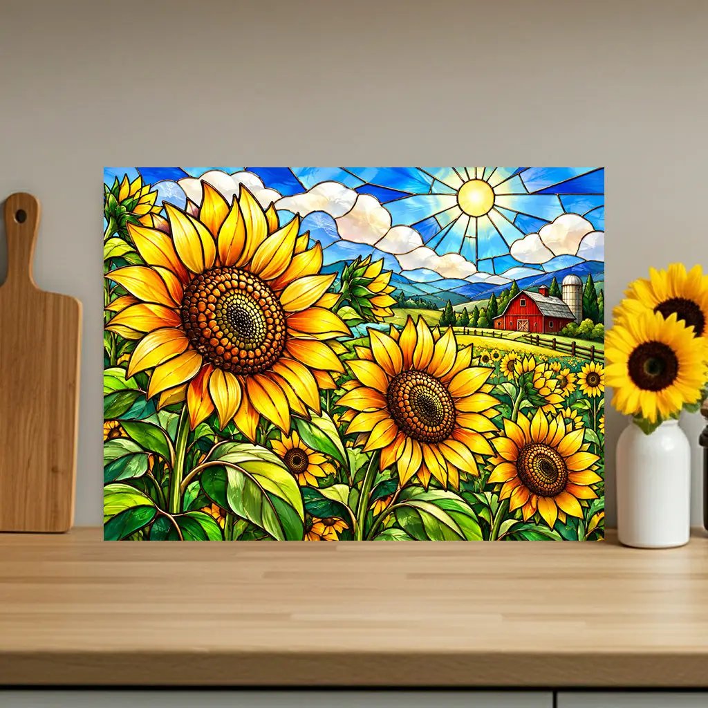 Sunflower Glass Cutting Board, Farmhouse Kitchen Decor, Country Sunflower Chopping Board, Stained Glass Floral Gift, Housewarming Gift