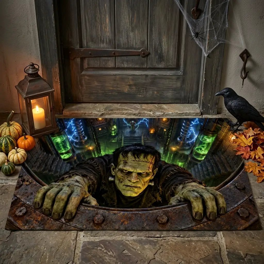 Frankenstein 3D Illusion Doormat, Mad Scientist Laboratory Halloween Door Mat, Monster Welcome Mat, Spooky Halloween Porch Decor
