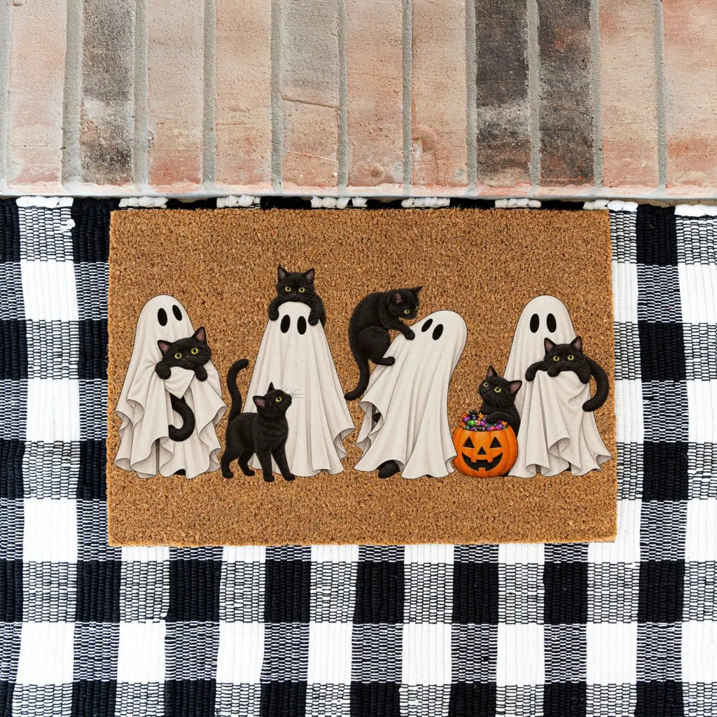 Halloween Black Cat Doormat, Cute Ghost Welcome Mat, Funny Cat Halloween Decor, Spooky Fall Porch Decor, Cat Lover Gift, Coir Door Mat