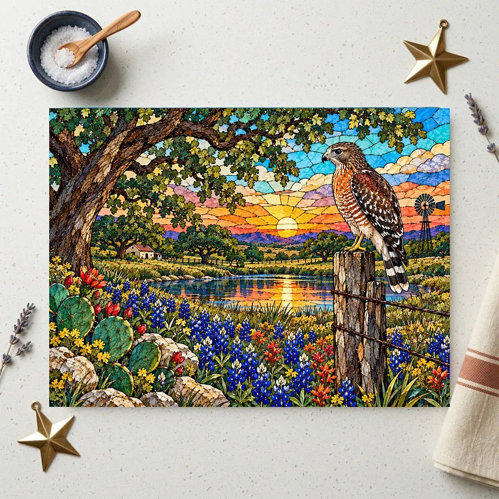 Red Shouldered Hawk Glass Cutting Board, Texas Wildlife Kitchen Decor, Bluebonnet Hawk Art, Bird Lover Gift, Rustic Texas Gift