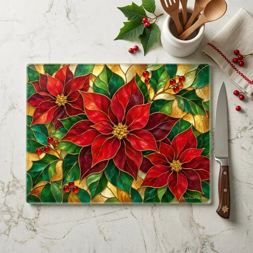 Christmas Poinsettia Glass Cutting Board, Holiday Kitchen Decor, Red Poinsettias and Holly, Festive Chopping Board, Seasonal Gift Idea