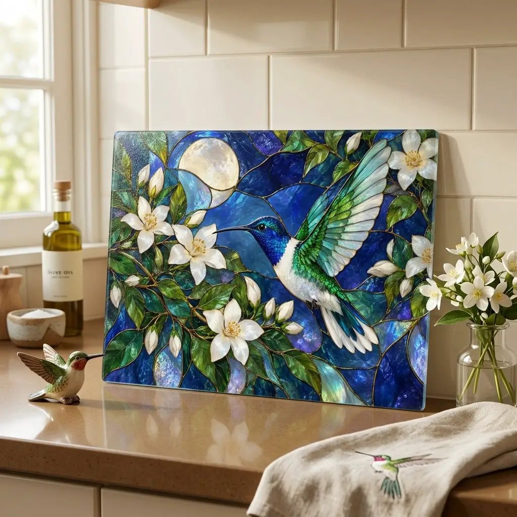 Hummingbird Cutting Board, Stained Glass Bird Decor, Moonlit Jasmine Floral Kitchen Decor, Hummingbird Gift, Nature Lover Gift