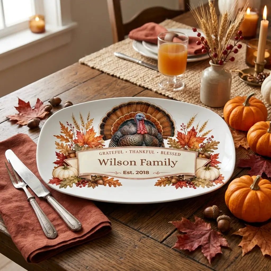 Personalized Thanksgiving Platter with Turkey, Custom Family Name Serving Platter, Grateful Thankful Blessed, Thanksgiving Hostess Gift