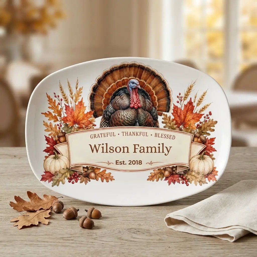 Personalized Thanksgiving Platter with Turkey, Custom Family Name Serving Platter, Grateful Thankful Blessed, Thanksgiving Hostess Gift