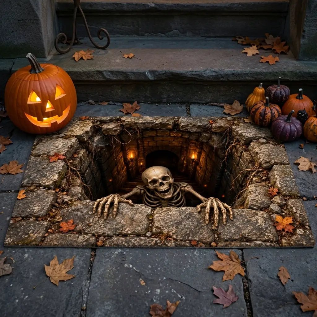 Skeleton Halloween Doormat, 3D Stairwell Illusion Door Mat, Creepy Skeleton Welcome Mat, Spooky Halloween Porch Decor