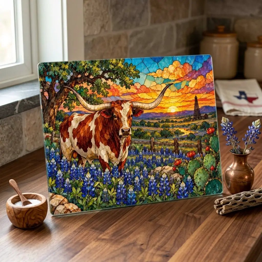 Texas Longhorn Glass Cutting Board, Bluebonnet Kitchen Decor, Texas Cow Gift, Western Kitchen Decor, Texas Housewarming Gift