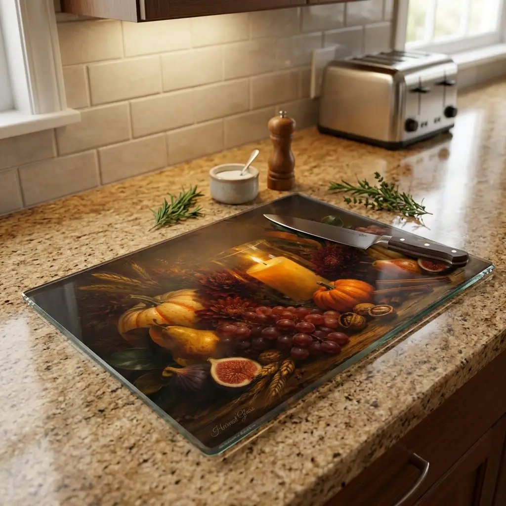 Fall Candle Glass Cutting Board, Cozy Autumn Kitchen Decor, Pumpkin Harvest Cutting Board, Thanksgiving Hostess Gift