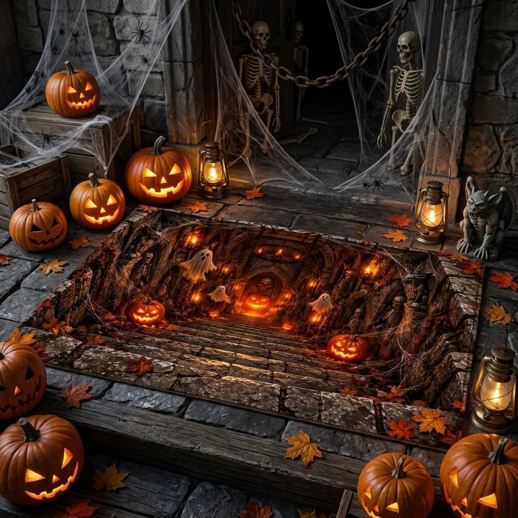 3D Haunted Crypt Doormat, Halloween Ghost Door Mat, Spooky Dungeon Entrance Mat, Skeleton Pumpkin Decor, Gothic Halloween Welcome Mat