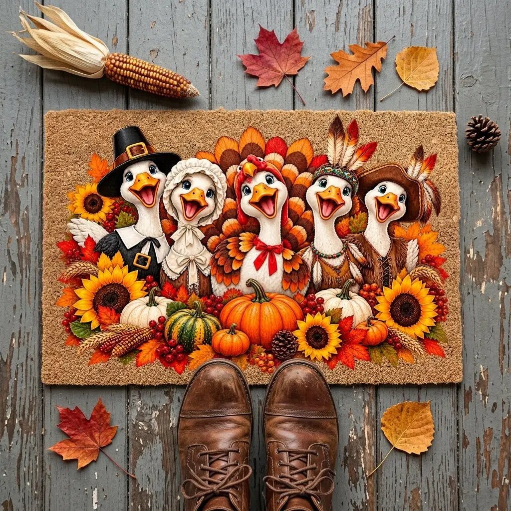 Thanksgiving Goose Doormat, Pilgrim Geese Welcome Mat, Funny Thanksgiving Porch Decor, Fall Coir Doormat, Harvest Front Door Mat