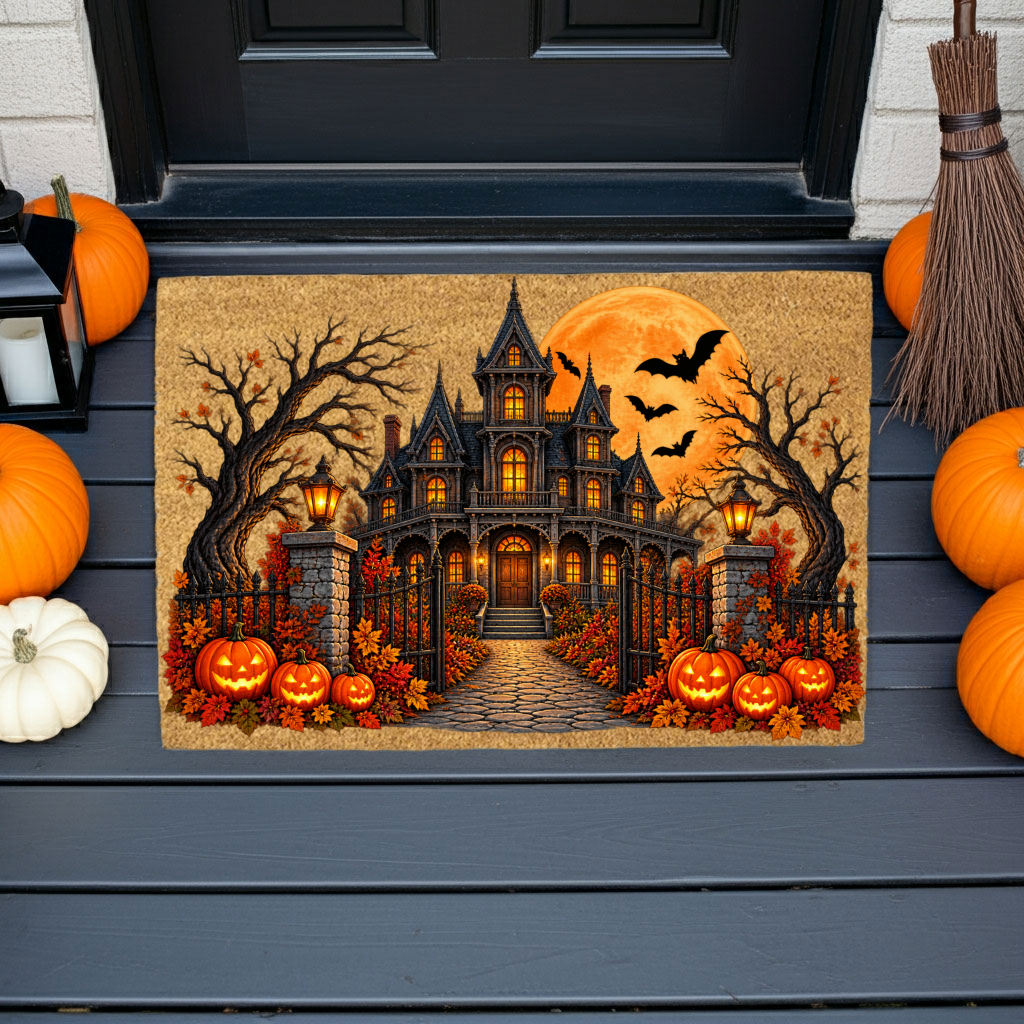 Haunted House Halloween Doormat, Gothic Mansion Coir Welcome Mat, Spooky Fall Porch Decor, Pumpkin Front Door Mat, Halloween Entryway