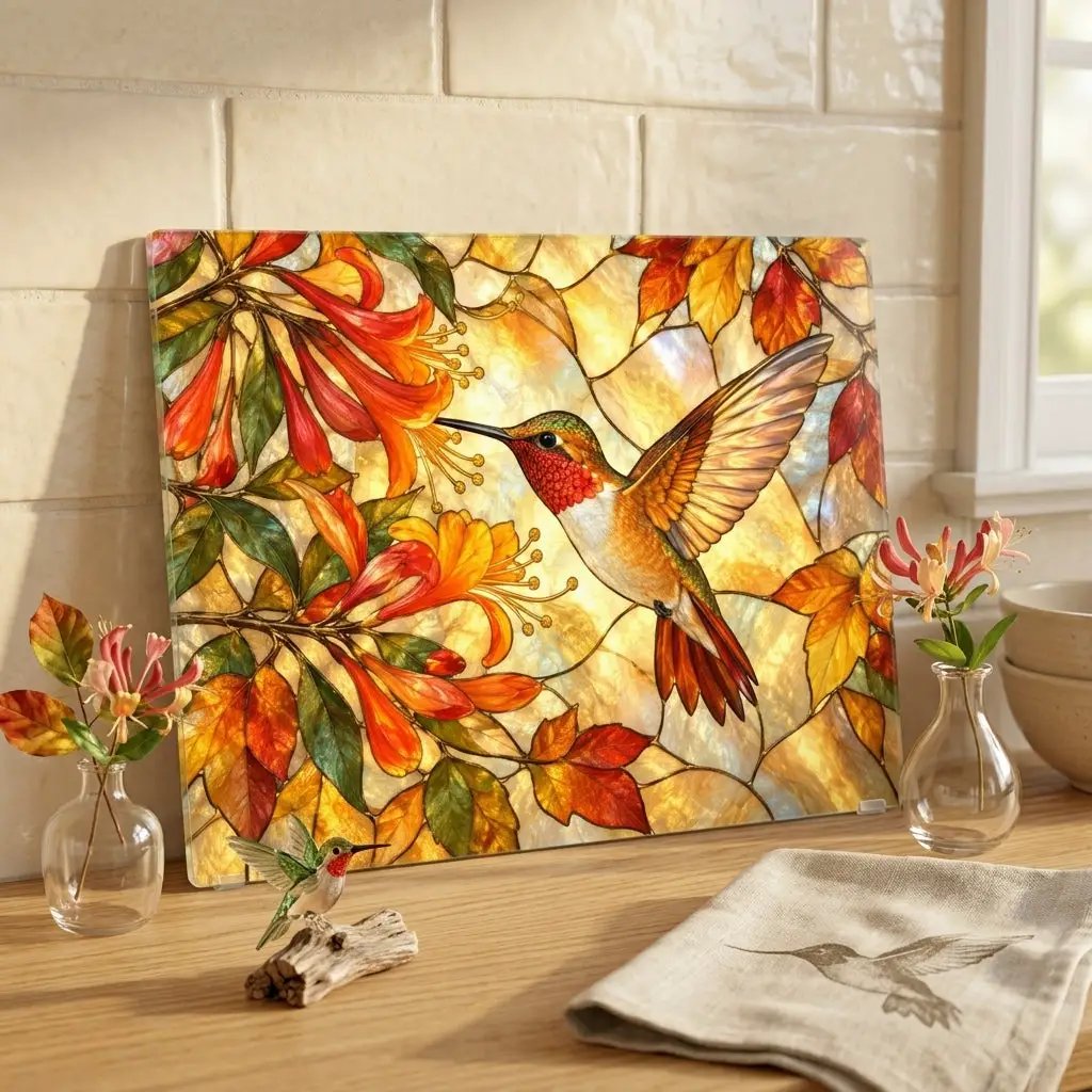 Hummingbird Cutting Board, Stained Glass Hummingbird Decor, Autumn Floral Kitchen Decor, Bird Lover Gift, Fall Hostess Gift