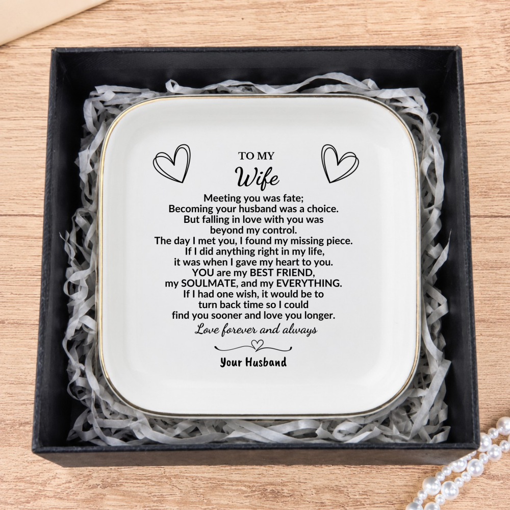 To My Wife Jewelry Dish, Romantic Gift from Husband, Anniversary Ring Dish for Wife, Soulmate Love Message, Ceramic Trinket Tray