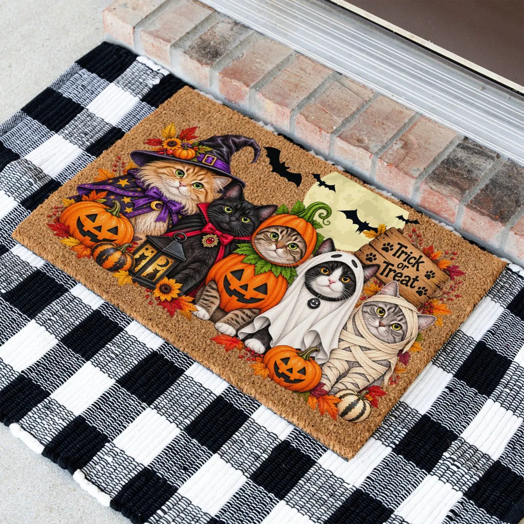 Halloween Cat Doormat, Funny Costumed Cats Coir Welcome Mat, Trick or Treat Porch Decor, Fall Cat Lover Gift, Spooky Front Door Mat
