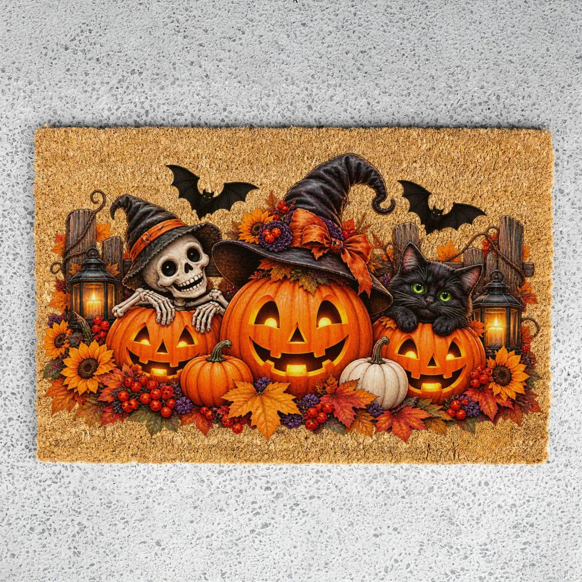 Halloween Doormat, Pumpkin Cat Skeleton Coir Mat, Spooky Fall Welcome Mat, Witch Pumpkin Door Mat, Halloween Porch Decor