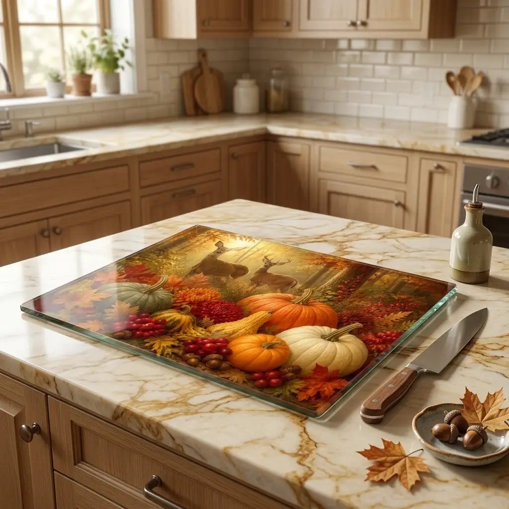 Deer Glass Cutting Board, Woodland Fall Kitchen Decor, Pumpkin Harvest Cutting Board, Rustic Autumn Gift