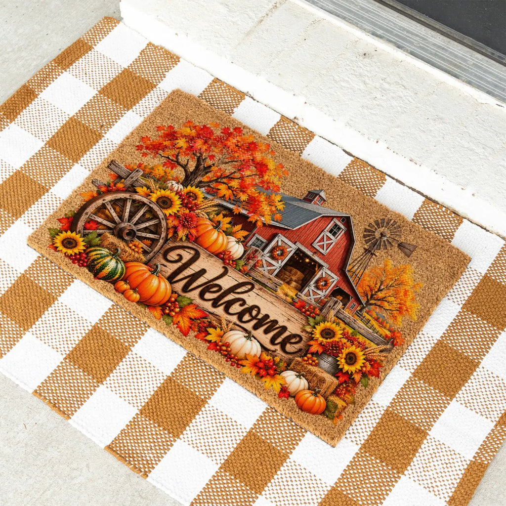 Fall Barn Welcome Doormat, Country Farmhouse Coir Mat, Autumn Pumpkin Door Mat, Harvest Porch Decor, Rustic Thanksgiving Welcome Mat