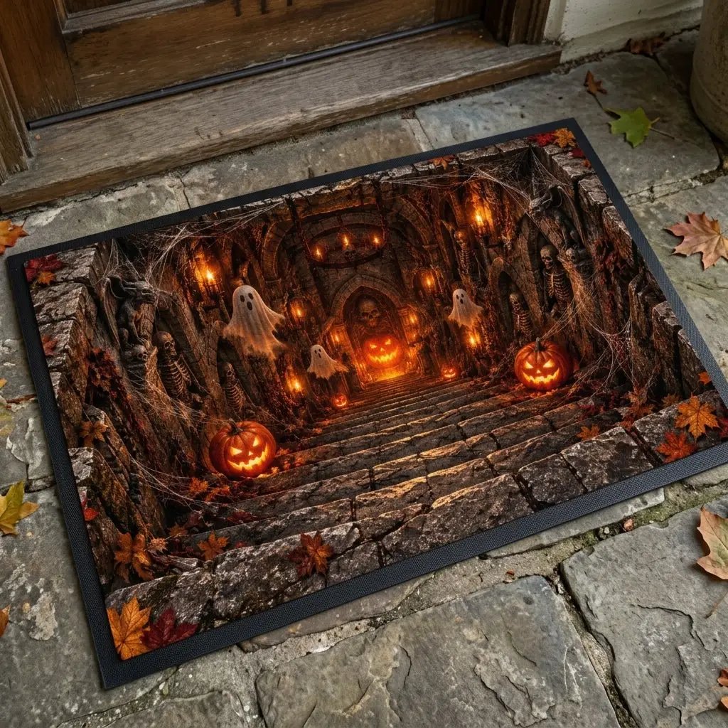 3D Haunted Crypt Doormat, Halloween Ghost Door Mat, Spooky Dungeon Entrance Mat, Skeleton Pumpkin Decor, Gothic Halloween Welcome Mat