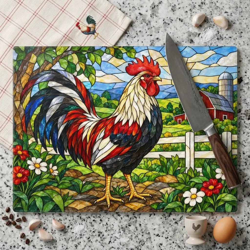 Rooster Glass Cutting Board, Red Barn Farmhouse Kitchen Decor, Country Rooster Art, Stained Glass Farm Decor, Rustic Kitchen Gift