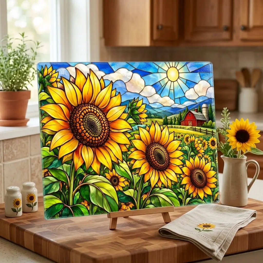Sunflower Glass Cutting Board, Farmhouse Kitchen Decor, Country Sunflower Chopping Board, Stained Glass Floral Gift, Housewarming Gift