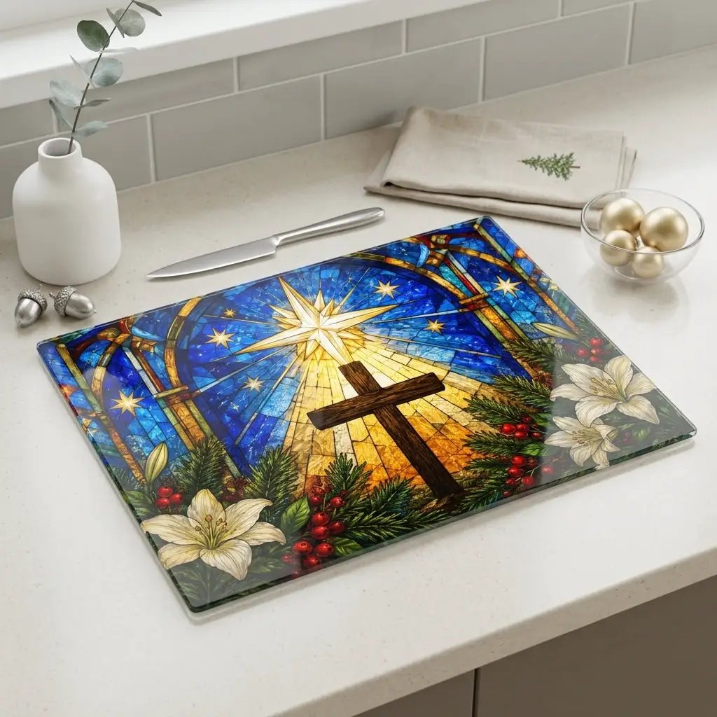 Christian Cross Glass Cutting Board, Stained Glass Christmas Decor, Religious Kitchen Gift, Star of Bethlehem Christian Gift