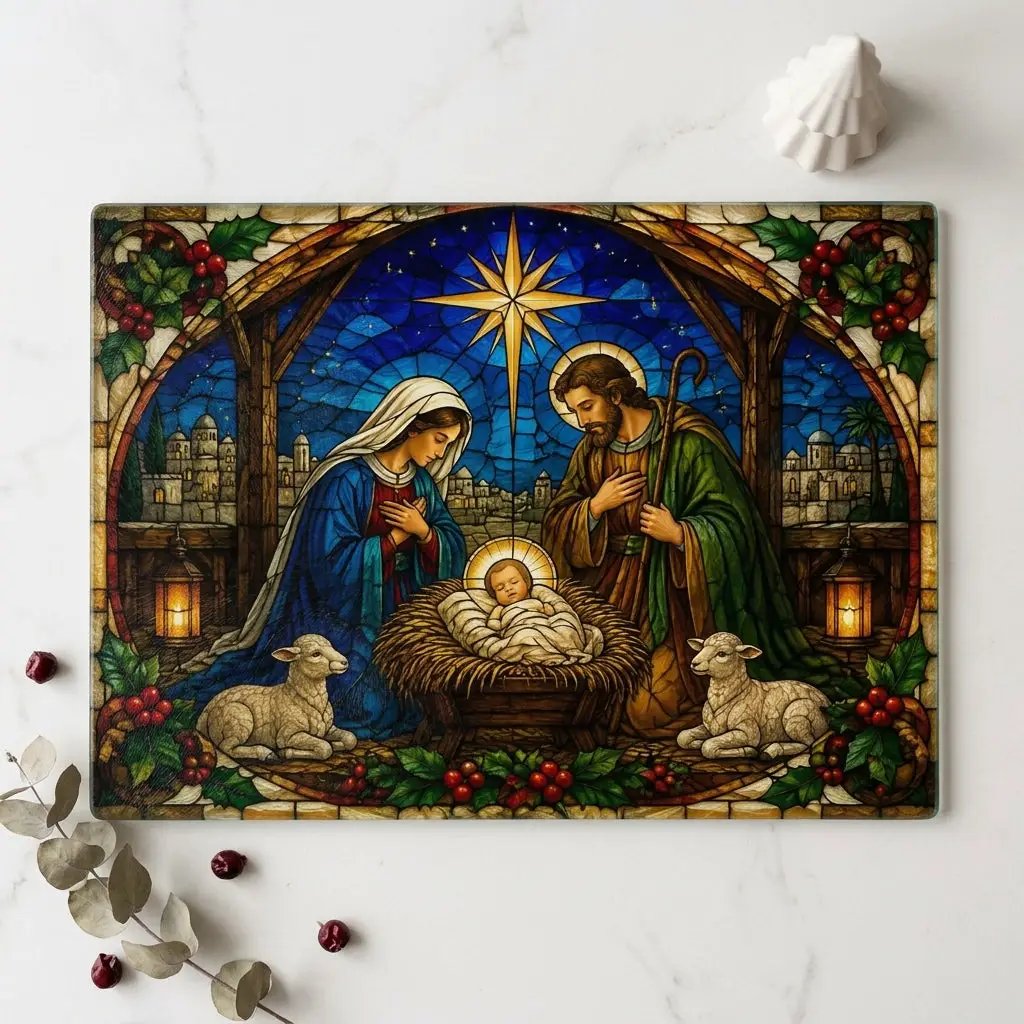 Nativity Glass Cutting Board, Christian Christmas Decor, Manger Scene Cutting Board, Religious Christmas Gift, Stained Glass Nativity