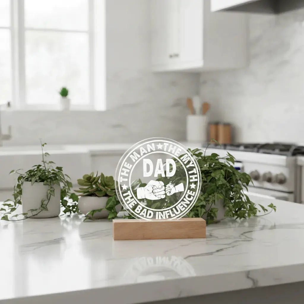Dad – The Man. The Myth. The Bad Influence.™ Acrylic LED Plaque | Funny Father’s Day Gift with Fist Bump Design