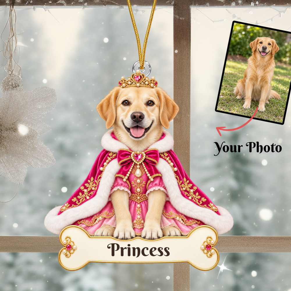 Personalized Princess Dog Ornament from Photo, Custom Pet Portrait Acrylic Cutout, Pink Royal Puppy Christmas Ornament, Dog Mom Gift