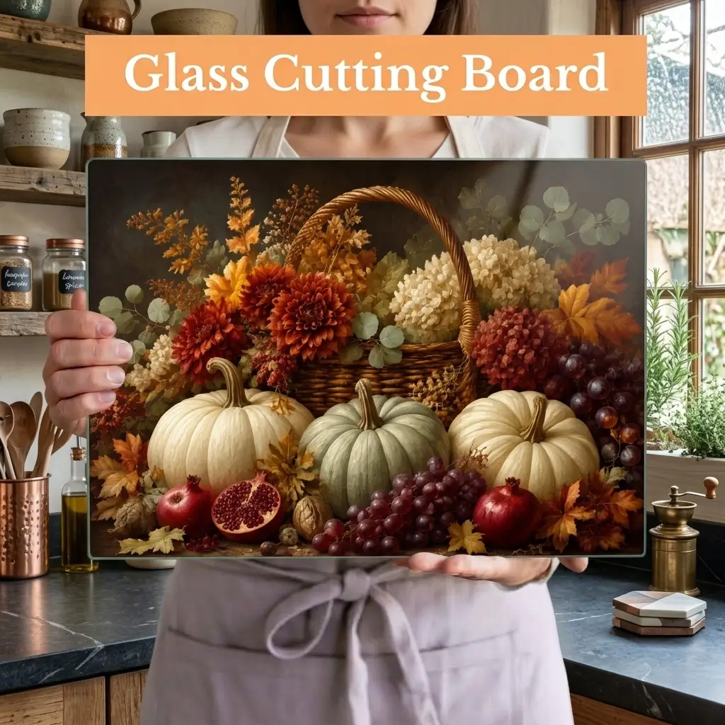 White Pumpkin Glass Cutting Board, Elegant Fall Kitchen Decor, Autumn Floral Cutting Board, Thanksgiving Hostess Gift