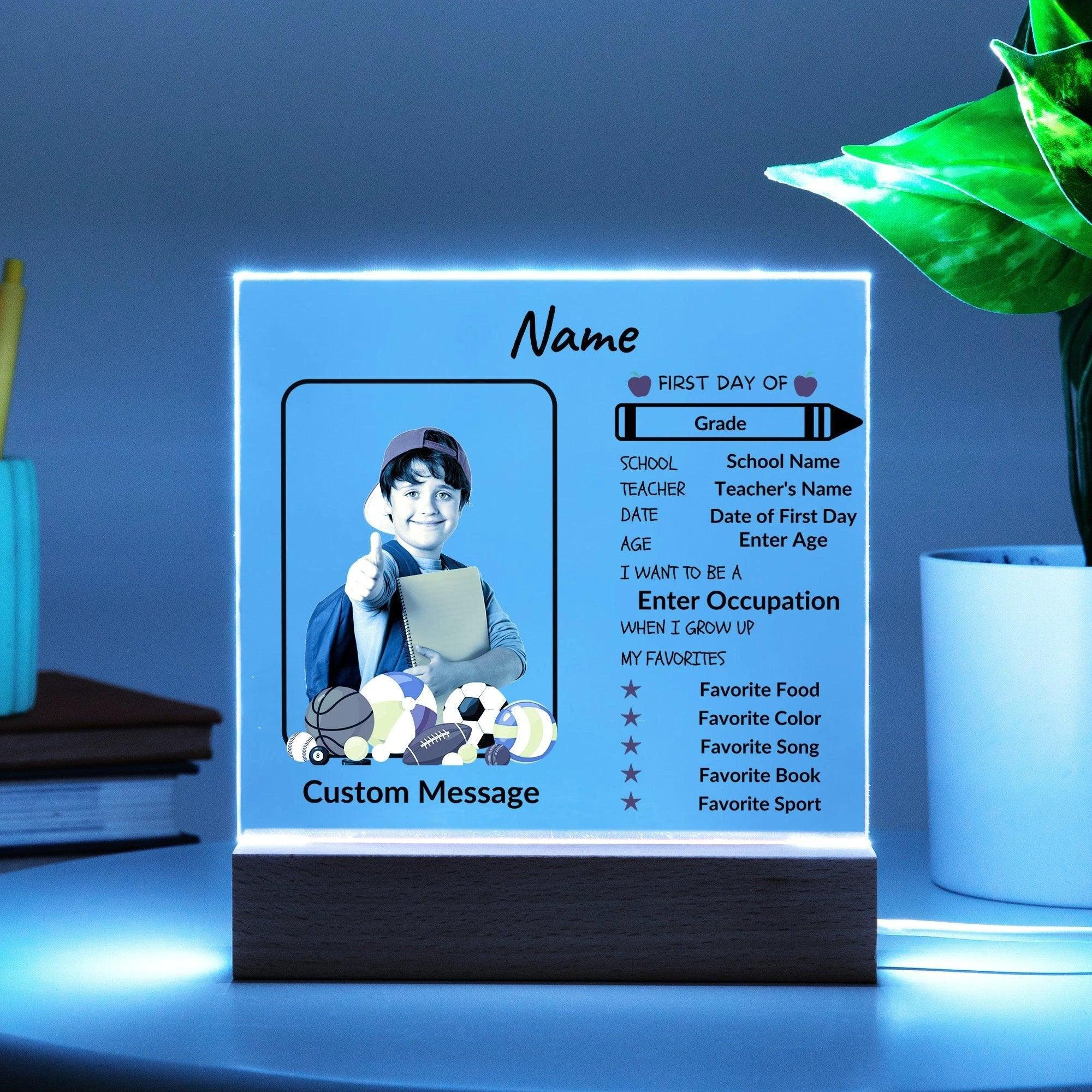 First Day of School Stats and Photo Upload Personalized Keepsake Acrylic Plaque