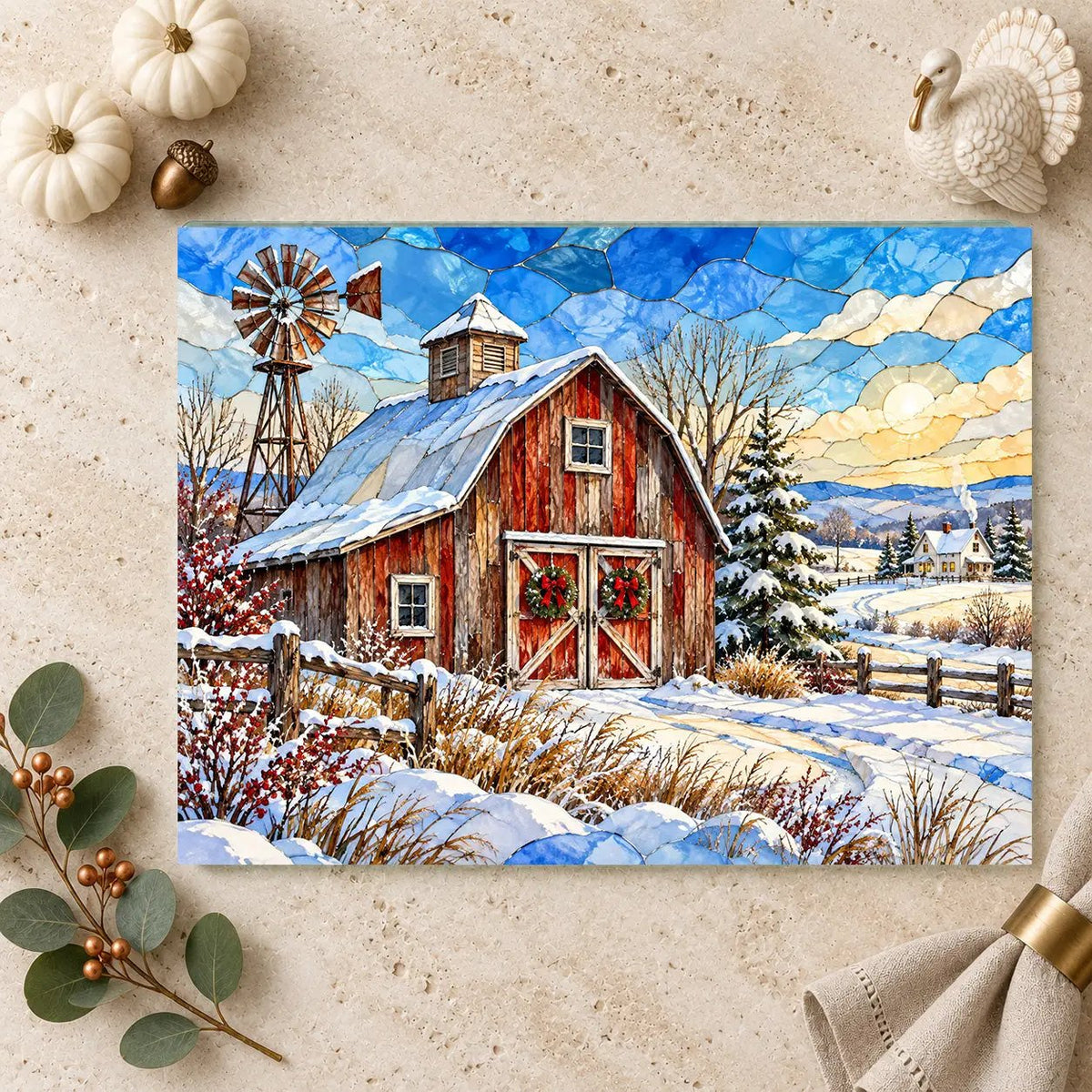 Winter Windmill Farm Glass Cutting Board, Red Barn Country Kitchen Decor, Rustic Farmhouse Christmas Gift