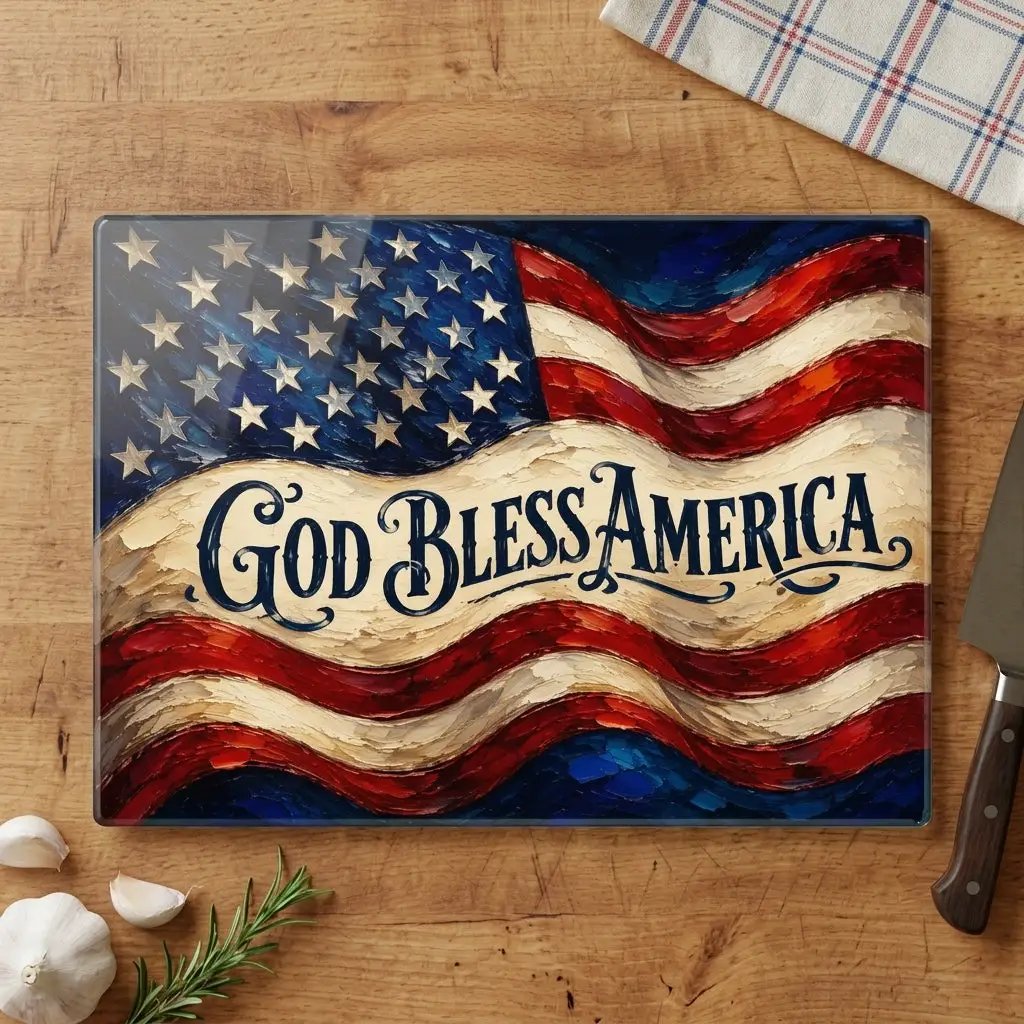 God Bless America Cutting Board, American Flag Glass Cutting Board, Patriotic Kitchen Decor, Christian USA Gift, Americana Home Decor