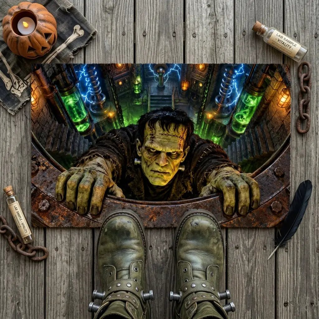 Frankenstein 3D Illusion Doormat, Mad Scientist Laboratory Halloween Door Mat, Monster Welcome Mat, Spooky Halloween Porch Decor