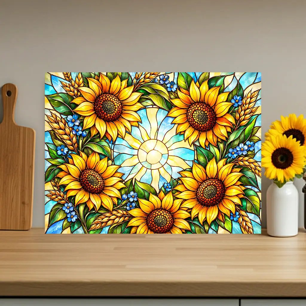 Sunflower Glass Cutting Board, Stained Glass Sunflower Wreath, Floral Kitchen Decor, Yellow Flower Gift, Cheerful Kitchen Art