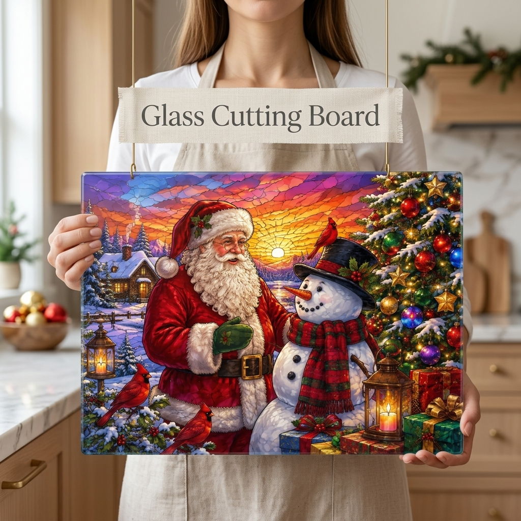Santa and Snowman Glass Cutting Board, Christmas Kitchen Decor, Cardinal Holiday Gift, Stained Glass Christmas Serving Board, Santa Decor