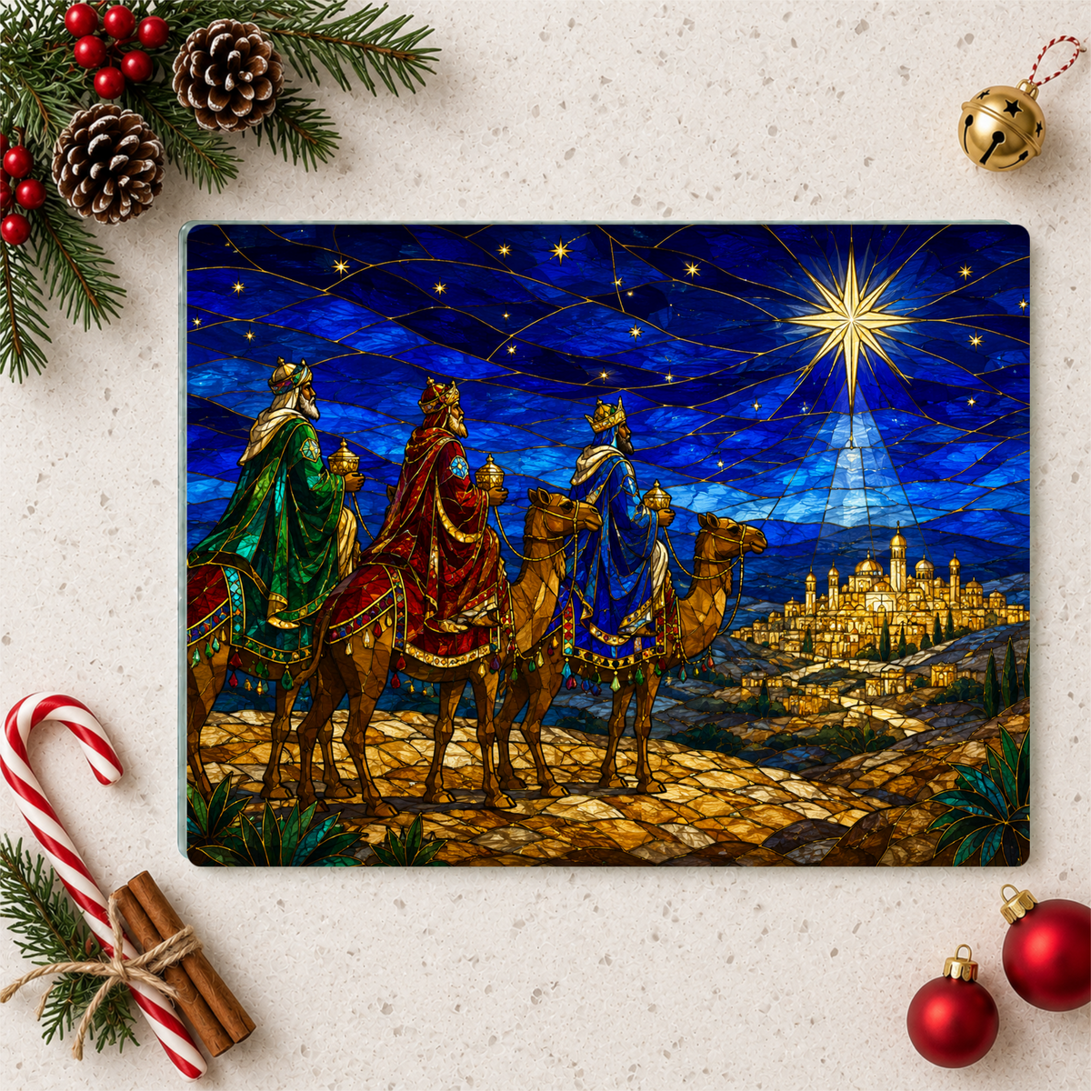 Three Wise Men Glass Cutting Board, Christian Christmas Gift, Magi Star of Bethlehem Decor, Religious Christmas, Stained Glass Art