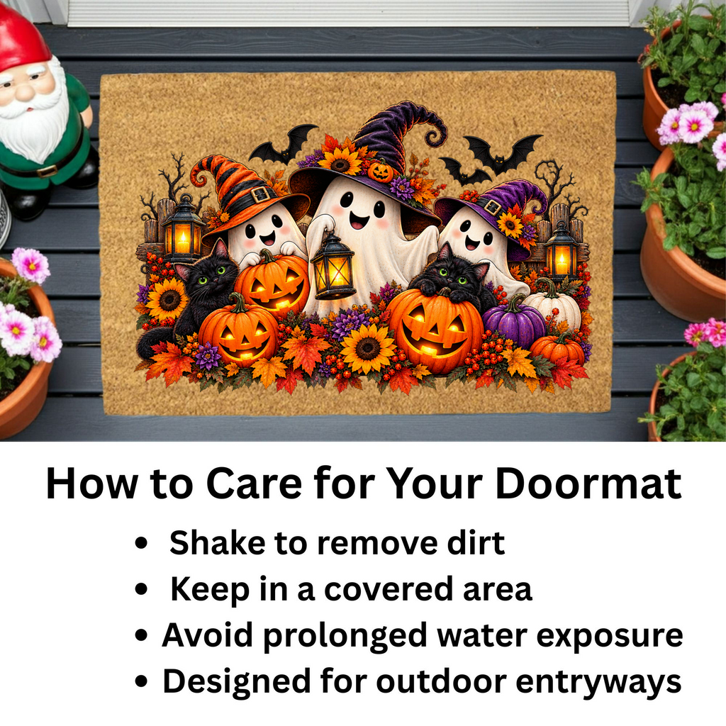 Halloween Ghost Doormat, Black Cat & Pumpkin Coir Mat, Cute Spooky Welcome Mat, Witch Ghost Fall Porch Decor, Halloween Door Mat