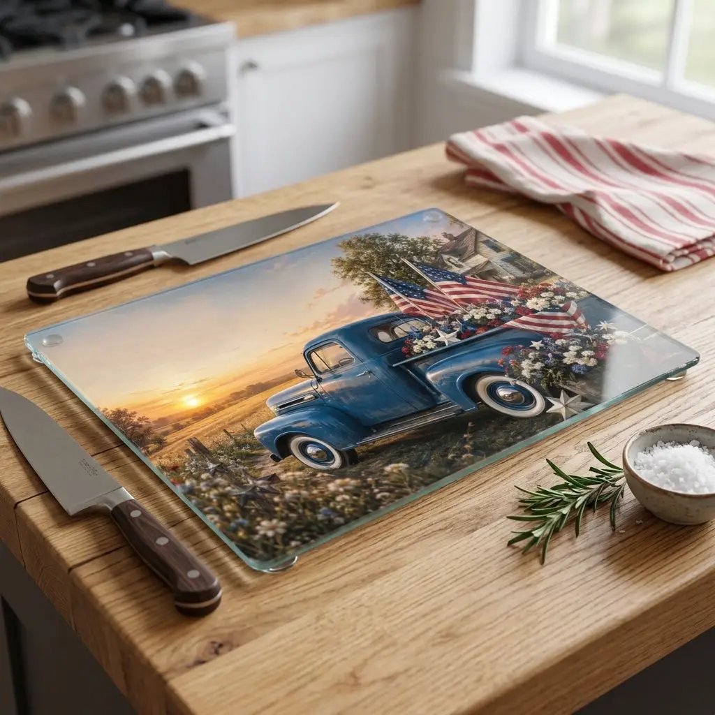 Vintage Blue Truck Patriotic Glass Cutting Board, Americana Kitchen Decor, Fourth of July Cutting Board, Farmhouse USA Decor